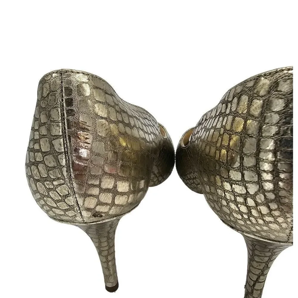 Kate Spade Gold animal embossed print leather peep toe heels Size 8